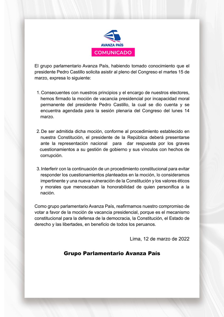 AvanzaPaisOfi's tweet photo. 📢El grupo parlamentario Avanza País, habiendo tomado conocimiento que el presidente @PedroCastilloTe  solicita asistir al pleno del Congreso expresa lo siguiente: https://t.co/jNHkMqVa53