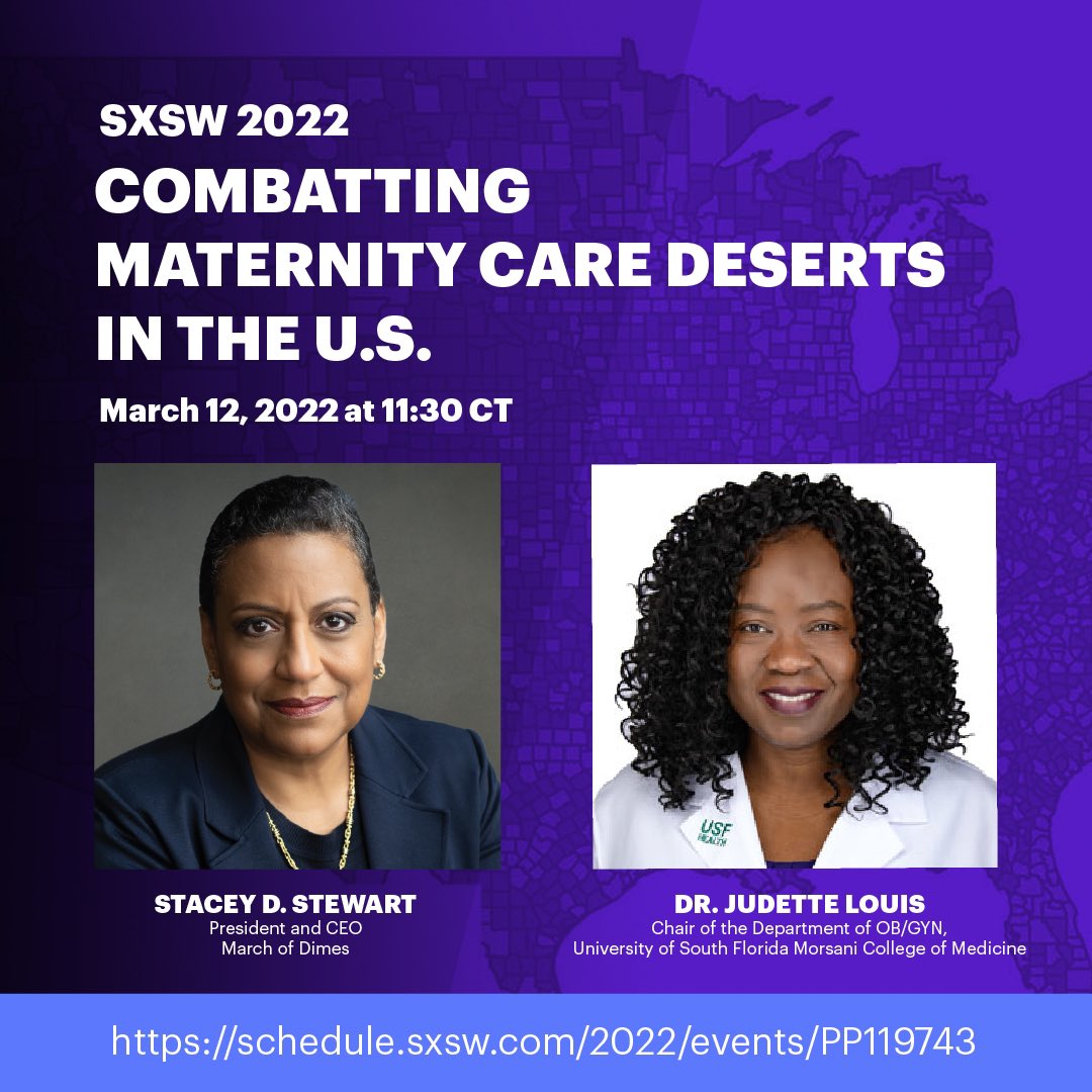 Attending #SXSW2022? Be sure to stop by @MarchofDimes’ session TODAY Sat 3/12 11:30am CT at the Austin Marriot Downtown in Waterloo Ballroom 3. @JudetteLouis & I will discuss how #MaternityCareDeserts contribute to the country’s maternal & infant health crisis. #SXSWpanel
