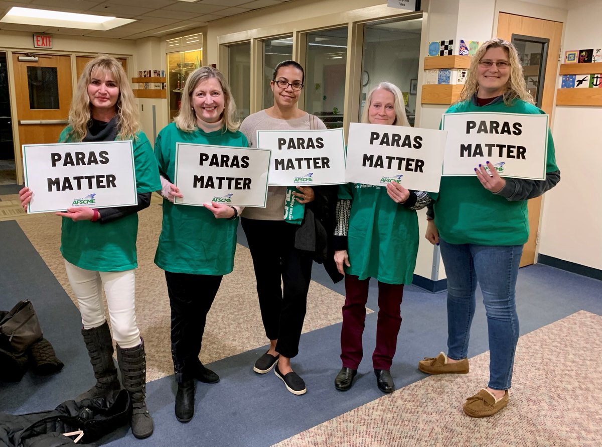AFSCMECT4's tweet photo. Members of #AFSCME Local 1996, the Stonington Paraeducators Union, reminding the school board and superintendent about the critical role all school support staff play and urging action to address the loss of #paraeducators to other departments and towns #RespectParas #parasmatter https://t.co/JViCrrM41d