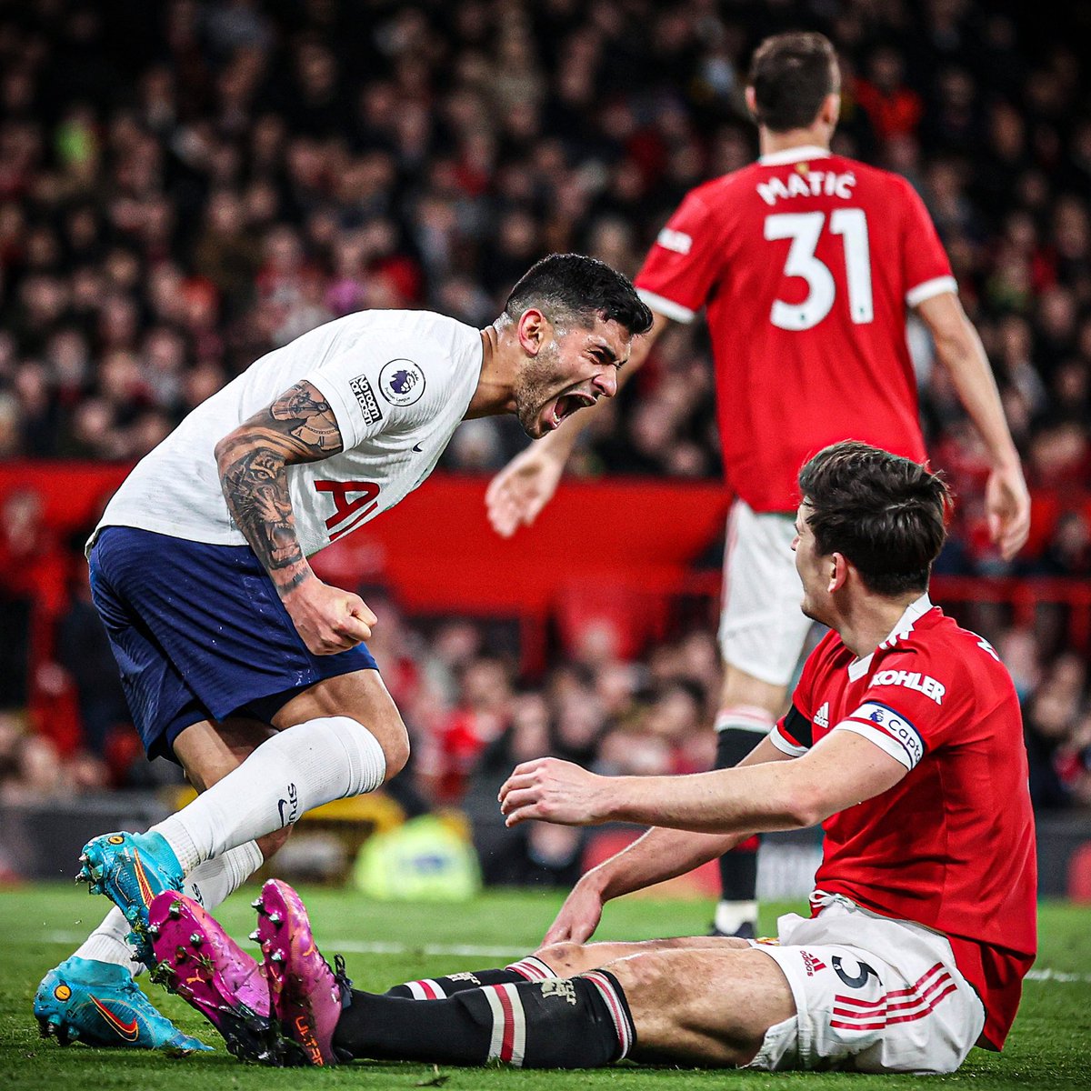 #thfc defender Cristian Romero taunts Harry Maguire following his own goal.