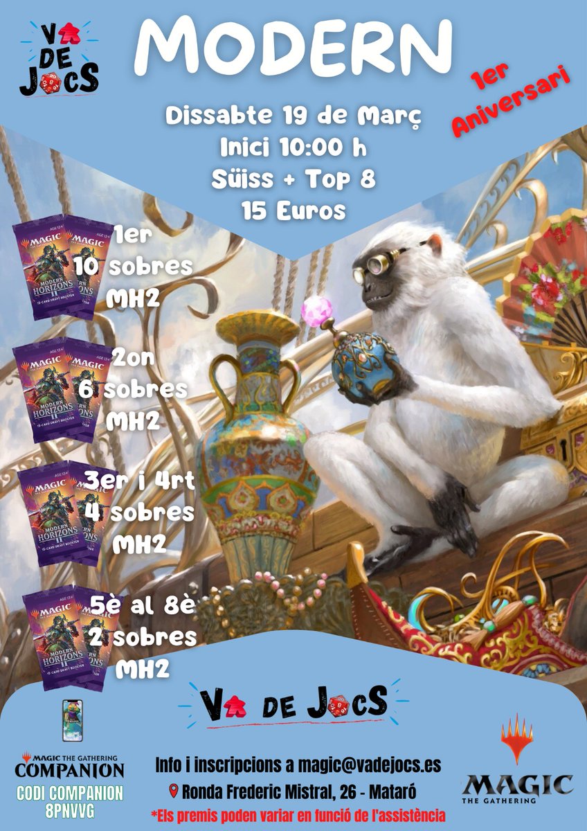 El próximo sábado 19 de marzo a las 10 horas, torneo del primer aniversario de Va de Jocs. Plazas limitadas. Info e inscripciones info@vadejocs.es o al teléfono 679 40 00 05.