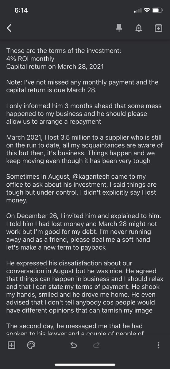 olawaleflair's tweet photo. Friends reached out to me that @kagantech has been spreading images of me online claiming I am a fraudster and stole from him. I took a 1 million naira investment from him which is due on March 28 

Full story in the Images

Agreement and chats in the thread https://t.co/M8prhycuA4