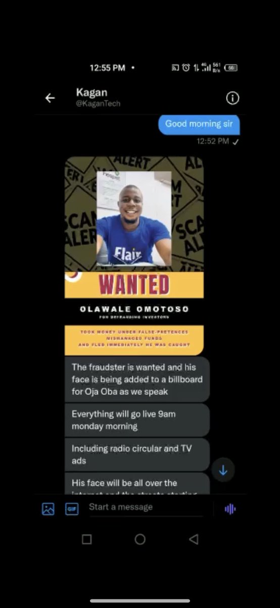 olawaleflair's tweet photo. Friends reached out to me that @kagantech has been spreading images of me online claiming I am a fraudster and stole from him. I took a 1 million naira investment from him which is due on March 28 

Full story in the Images

Agreement and chats in the thread https://t.co/M8prhycuA4
