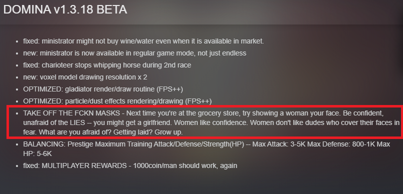 indieopium's tweet photo. Welp, Guess I'm deleting Domina from my steam library. What kind of a "Patch note/ update" is this?! https://t.co/O86RIfEzvE