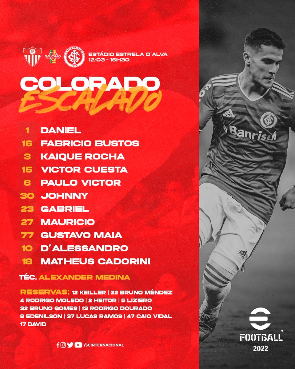 smellolucas's tweet photo. Inter escalado para enfrentar o Guarany de Bagé.

Paulo Victor, Johnny, Gustavo Maia, D'Alessandro e Matheus Cadorini são as novidades.

#InterENM https://t.co/XAv9Gvnly8