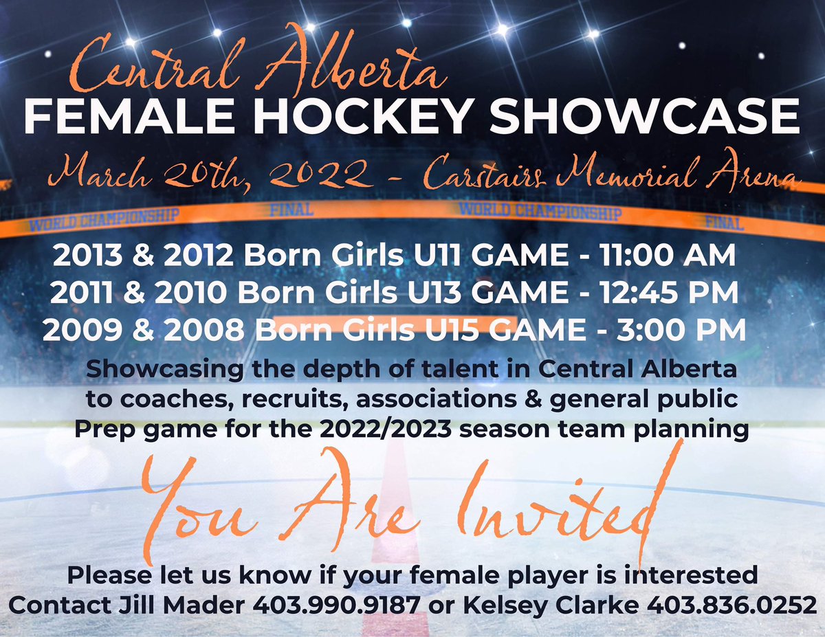 All Female players in Olds and all of Central Alberta are invited to participate in this groundbreaking Showcase of Female Minor Hockey!!  Register today! #playlikeagirl #girlsrock <a href="/HockeyAlberta/">Hockey Alberta</a> <a href="/AFHL_HA/">Alberta Female Hockey League</a>  <a href="/HockeyCanada/">Hockey Canada</a>