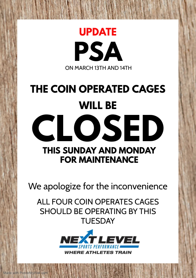 HEY ALL,

This is an update on the coin operated cages:

The cages are up and running today. They will now be shut down this Sunday and Monday. Thank you for being patience with us.