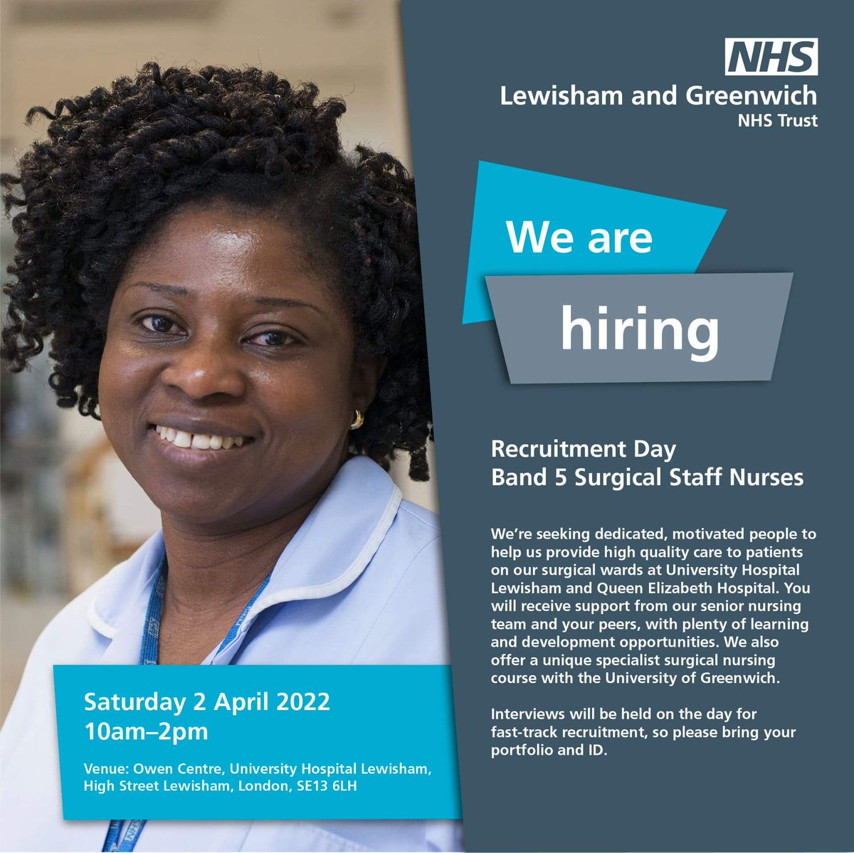 Vikki Coleman 💙 (@midwife_vc) on Twitter photo The Surgical divisions on #QE & #UHL sites <a href="/LG_NHS/">Lewisham and Greenwich NHS Trust</a> are also looking for their future team members. Details below of surgical open day & if you are #NewlyQualified / qualifying soon they have #NQN open day:
19th March e-mail fbernard1@NHS.net / fantaye.nigussie@NHS.net 4 details The Surgical divisions on #QE & #UHL sites <a href="/LG_NHS/">Lewisham and Greenwich NHS Trust</a> are also looking for their future team members. Details below of surgical open day & if you are #NewlyQualified / qualifying soon they have #NQN open day:
19th March e-mail fbernard1@NHS.net / fantaye.nigussie@NHS.net 4 details