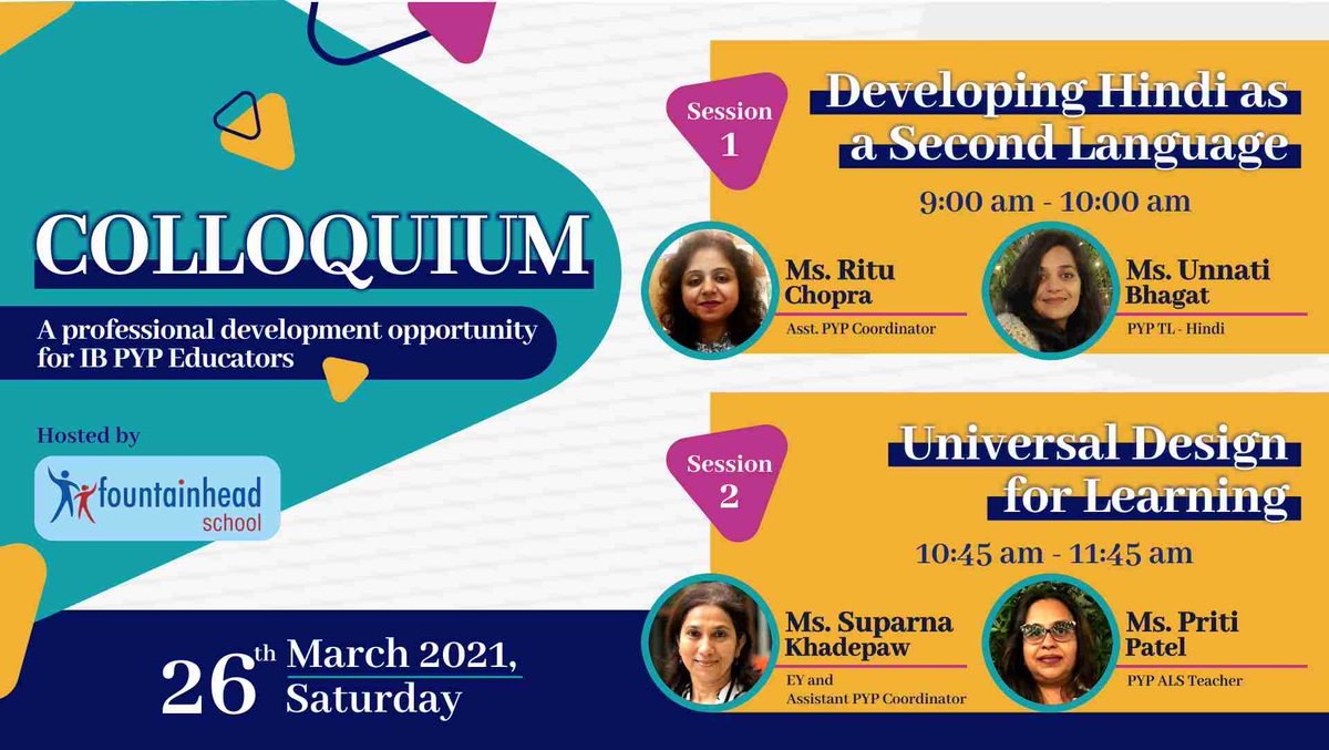 <a href="/FSSurat/">Fountainhead School</a> is organizing Colloquium to share insights into how we have developed Hindi as a second language &amp; universal design for learning.
Registration link:
forms.gle/eqCmddNZ2Sp3qR…

#colloquium2022 #PYP #ProfessionalDevelopment #Agency #Studentled #OutsidePOI #Collaboration