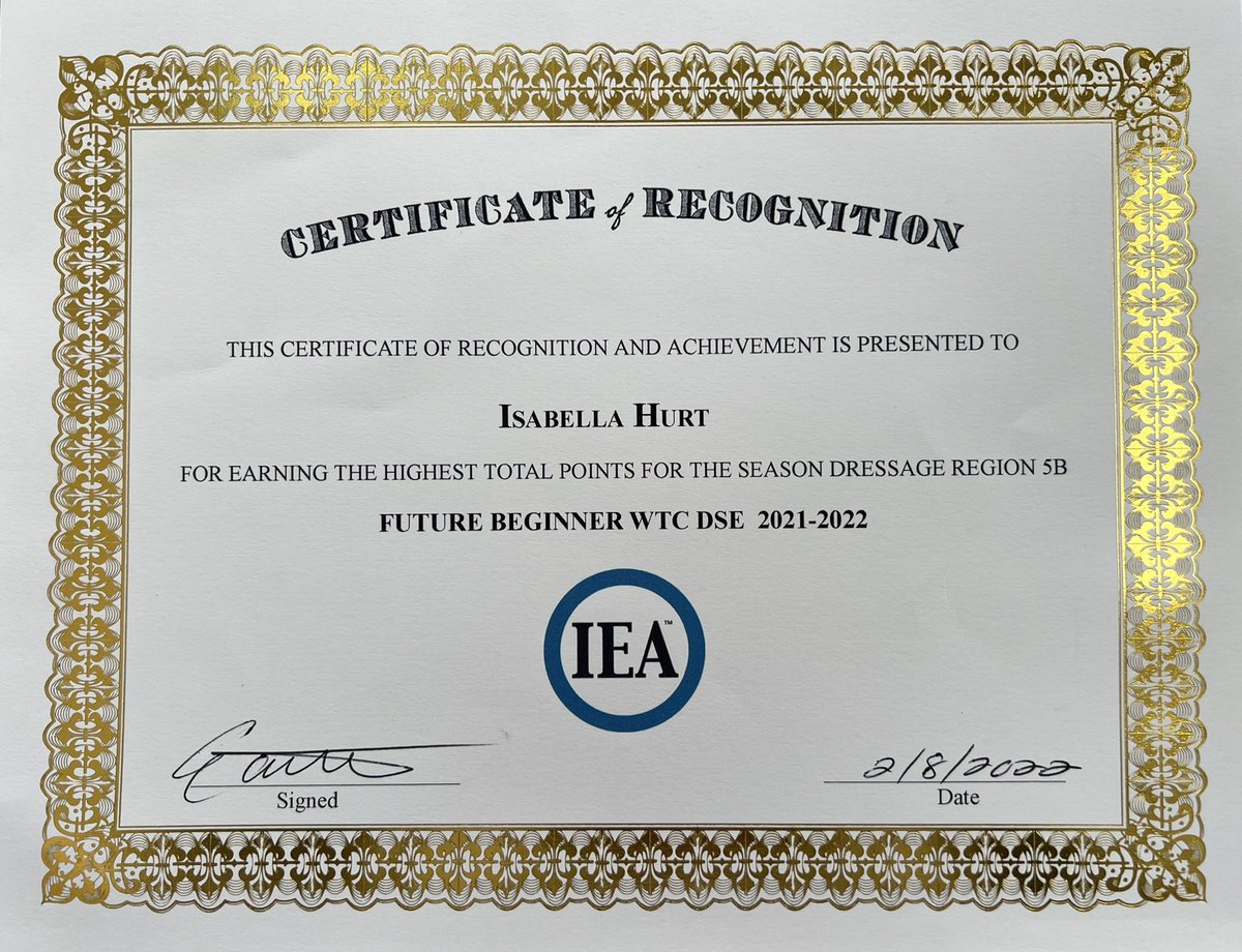 EmmaHurt1976's tweet photo. Isabella received her Certificate of Recognition this morning from #IEA for earning the highest points total for her Class for our region. #HorseShoeShapedHeart #RideIEA https://t.co/DU9jTJTHF3