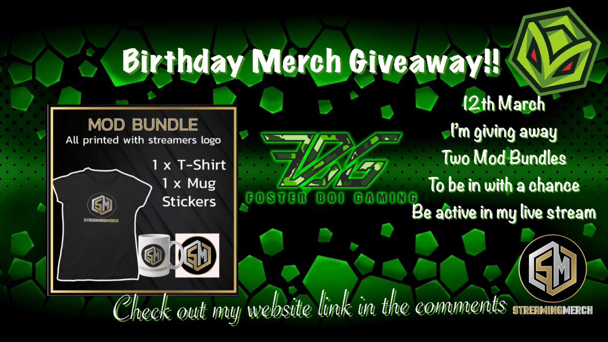 FosterBoiGaming's tweet photo. Birthday Stream and Free Merch Giveaway come drop by type !Bday to enter the giveaway.   https://t.co/E7QnK3PRYh #ve2 #freegiveaway #Giveaway #twitchstreamer #smallstreamers @VE2Esports @StreamingMerch #bestmerch https://t.co/q3i7YRJVii