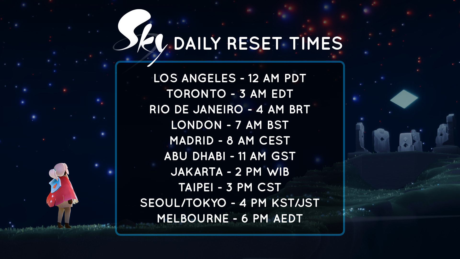 Sky: Children of the Light on X: Due to Daylight Saving Time starting on  November 5th, the timezone for daily reset changes from PDT (UTC-7) to PST  (UTC-8). If you don't observe