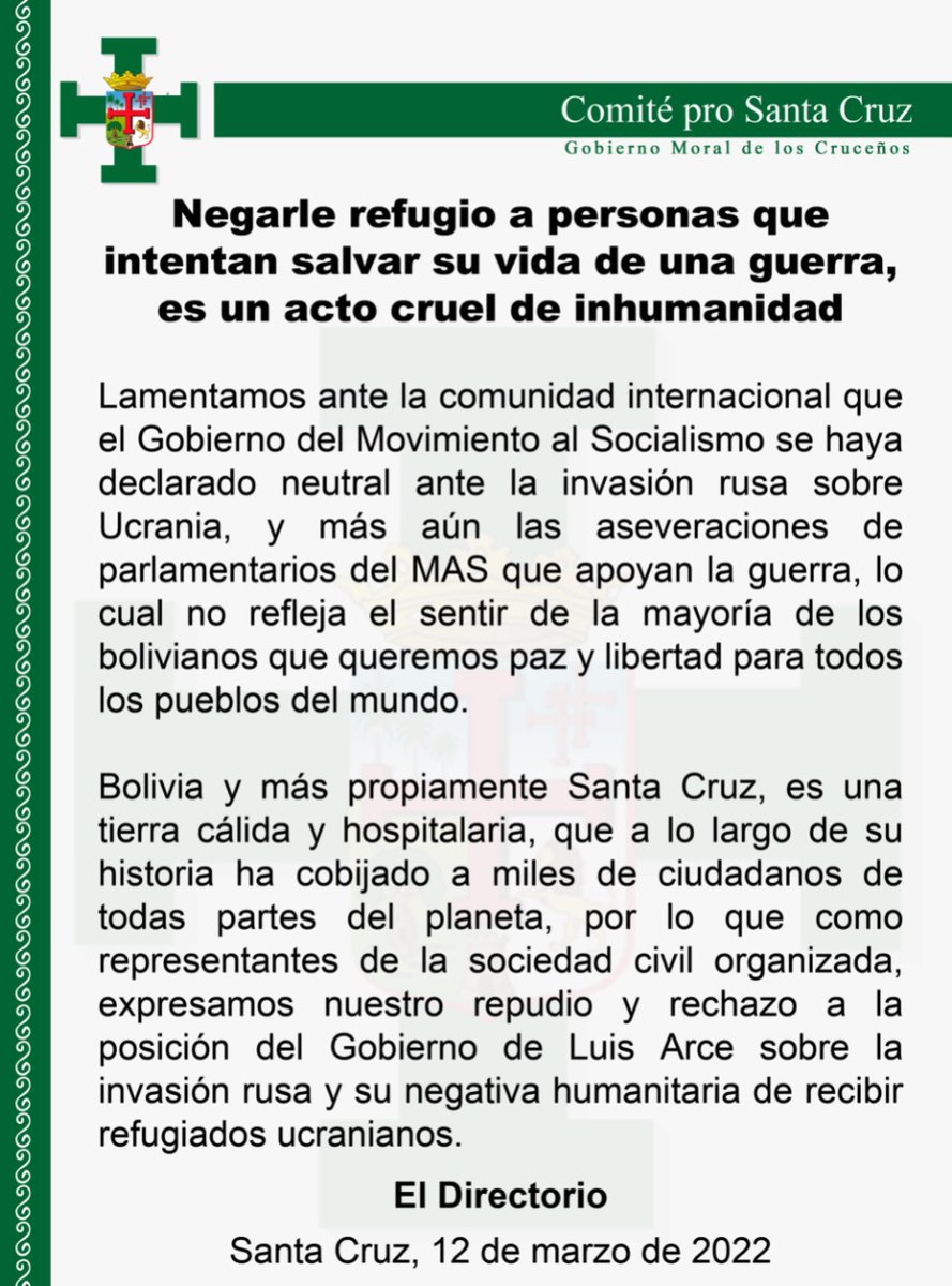 ComiteProSC's tweet photo. Expresamos nuestro repudio y rechazo a la posición del Gobierno de Luis Arce sobre la invasión rusa, y su negativa humanitaria de recibir refugiados ucranianos. https://t.co/UujZLh83hv