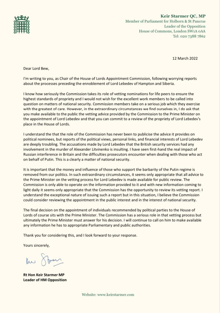 … and here’s the letter.

Sir Keir Starmer writes to Lord Bew calling for unprecedented review of Evgeny Lebedev’s peerage.

He says Bew must publish original advice in which appointments commission blocked it.

In March 2020, they cited security concerns raised by intelligence.