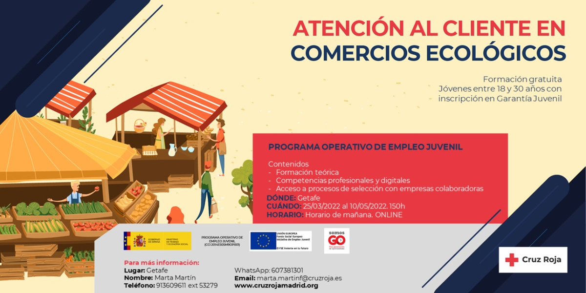 ¿Pensando en formarte para trabajar? Te dejamos el próximo curso que comienza el 25 de marzo de Atención al cliente en comercios ecológicos. Si eres menor de 30 años ponte en contacto conmigo: marta.martinf@cruzroja.es ¡¡Te esperamos!!