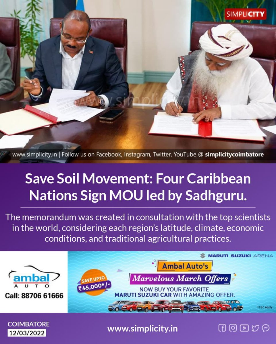 simplicitycbe's tweet photo. Save Soil Movement: Four Caribbean Nations Sign MOU led by Sadhguru.
https://t.co/PGzyDNPYGZ https://t.co/eWneLRf0s1