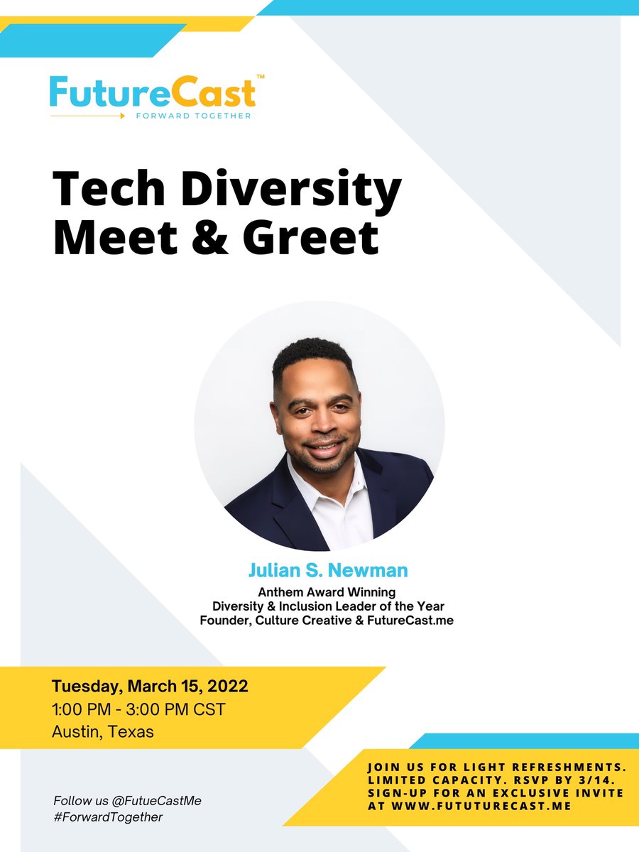 JulianNewman's tweet photo. If you or someone you know are attending #SXSW in #Austin, #Texas, join me at a #TechDiversity Meet &amp; Greet presented by @FutureCastMe 3/15, 1 - 3pm CT. Limited capacity. RSVP for more info at https://t.co/rpeR1y2r6r

#FutureCast #Tech #Diversity #DiversityandInclusion #DEI #DEIB https://t.co/4A7WIKGZDt