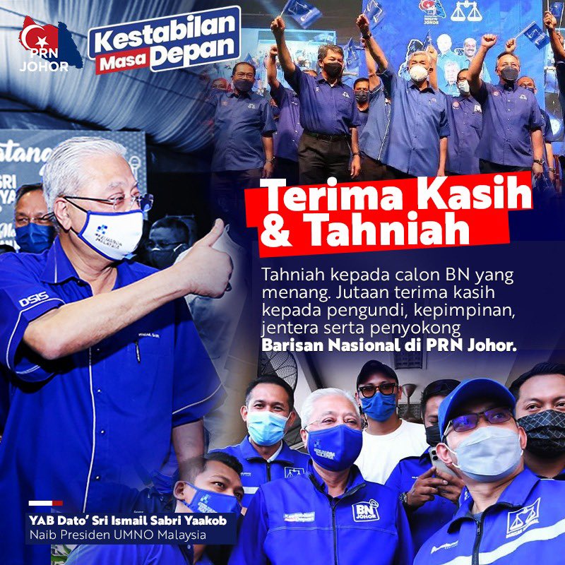 IsmailSabri60's tweet photo. Tahniah Barisan Nasional di atas kemenangan dalam #PRNJohor.

Terima kasih kepada semua pengundi-pengundi, kepimpinan, jentera dan petugas-petugas yang bekerja keras dalam memastikan kemenangan Barisan Nasional. 

Masa untuk Kestabilan Masa Depan rakyat Johor! 🇲🇾 https://t.co/CJUAJfN0J8