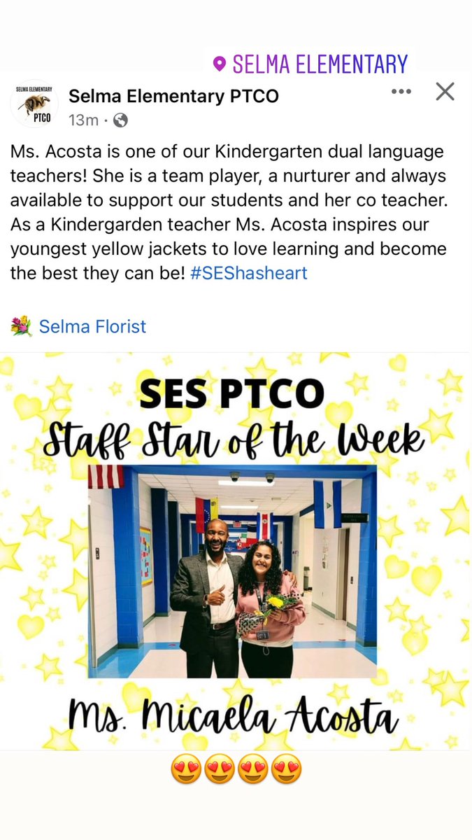 MsMicaelaAcosta's tweet photo. I love being part of this wonderful team! Thank you for your support! I’m always inspired by the amazing teachers and family I found at @SelmaElemNC 🐝♥️ #unitingourworld @ParticipateLrng https://t.co/j6Ocbi1fok