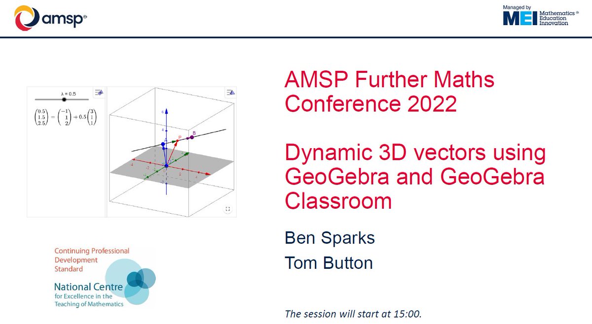 MathsTechnology's tweet photo. About to start the final session of the day at the @Advanced_Maths Further Maths Conference - looking at Vectors in 3D @geogebra with @SparksMaths #AMSPconference https://t.co/c8nlgACv6B