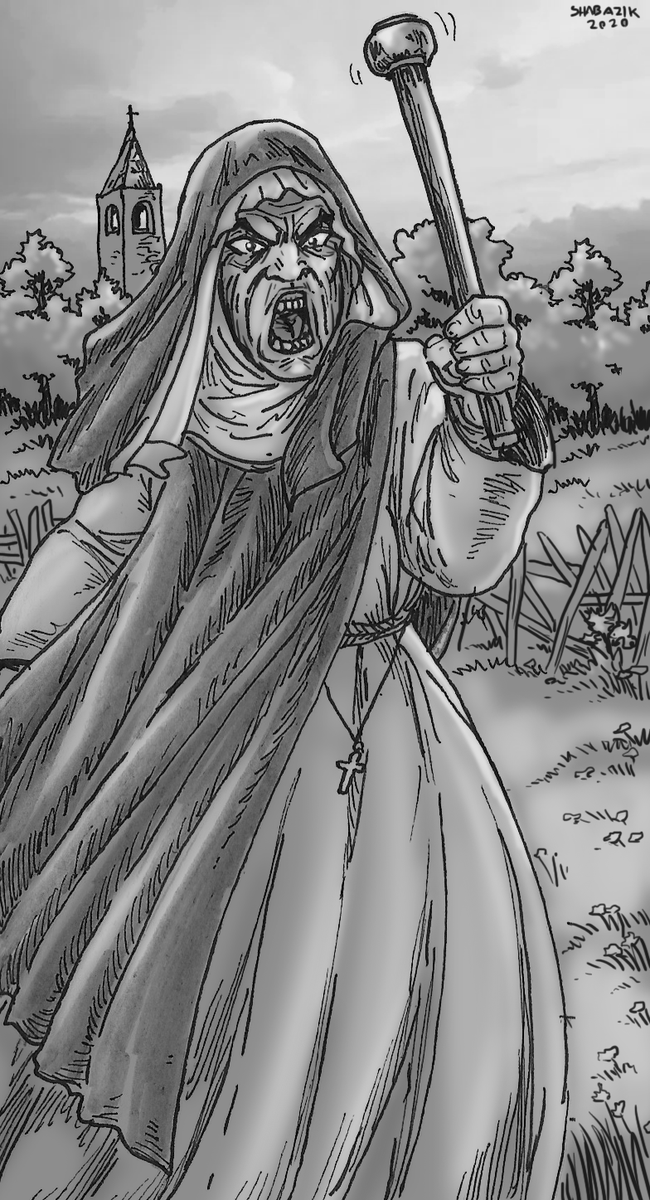 shabazik's tweet photo. "I got something much worse than a ruler, you rascal!"

A #nun which patience have all but ended for the thieves stealing from the orchard of the monastery.

#drawing #fantasyart https://t.co/8b7ujRm06Q