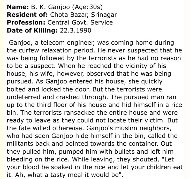 ShefVaidya's tweet photo. B K Ganjoo was a REAL person. He had a face, a family. His Muzlims neighbors betrayed him. @ReelReptile had NO problem with the way Ganjoo was murdered. But he has a problem with @vivekagnihotri showing the incident on the screen because it is ‘too brutal’! #TheKashmirFiles https://t.co/LVxNPrBBfr