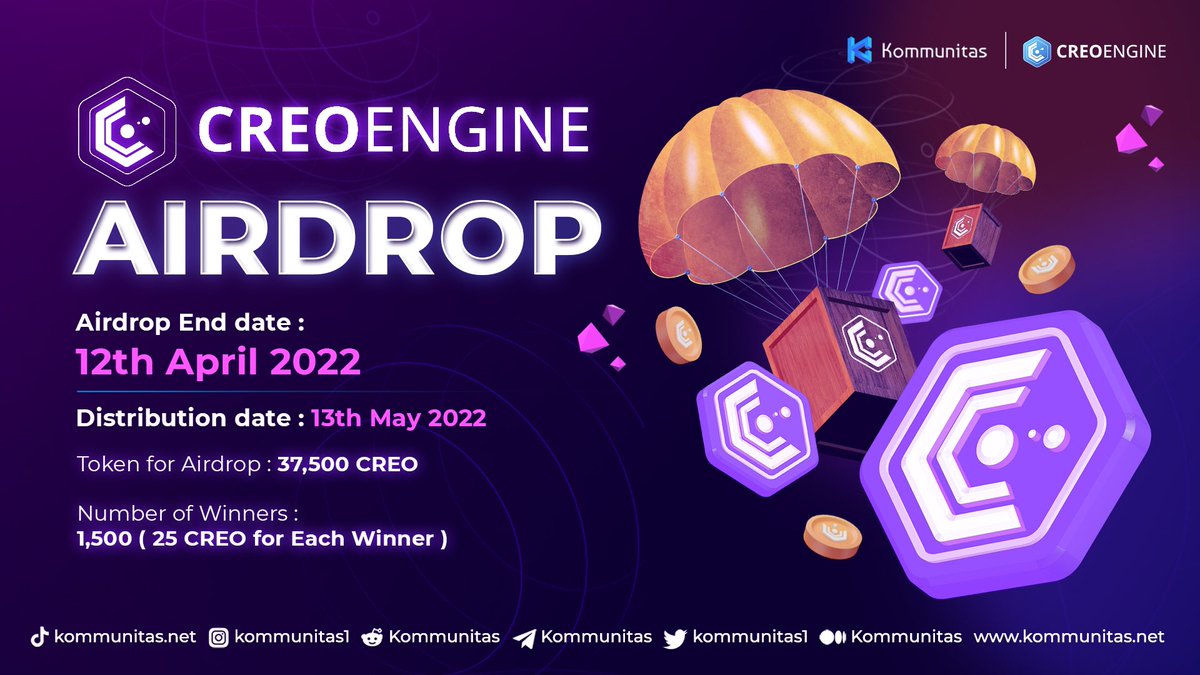 kommunitasnet's tweet photo. Hi, $KOMmunity!

🏹 We have organized an Airdrop giveaway for @creo_engine 

🤩 We want to share 37,500 CREO with 1500 people

💡This giveaway will end on 12th April 2022 and the distribution date will be on 13th May 2022

▶️ Join here https://t.co/cfpGlPzNHE https://t.co/VHnE5AGEy7