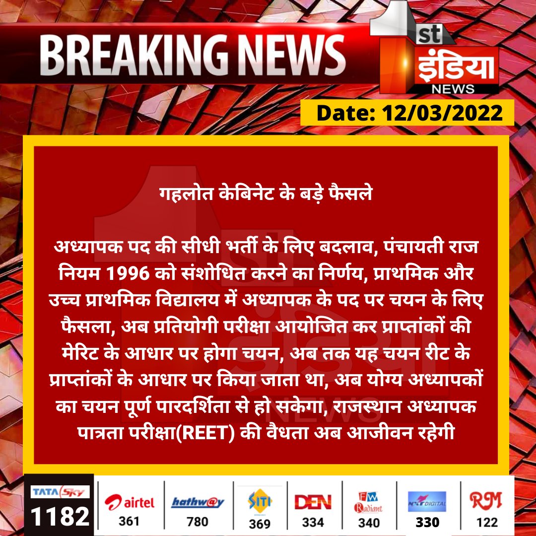 गहलोत केबिनेट के बड़े फैसले

अध्यापक पद की सीधी भर्ती के लिए बदलाव, पंचायती राज नियम 1996 को संशोधित करने का निर्णय, प्राथमिक और उच्च प्राथमिक विद्यालय में अध्यापक...
#jaipur <a href="/ashokgehlot51/">Ashok Gehlot</a> <a href="/RajGovOfficial/">Government of Rajasthan</a> <a href="/naresh_jsharma/">Naresh Sharma</a>