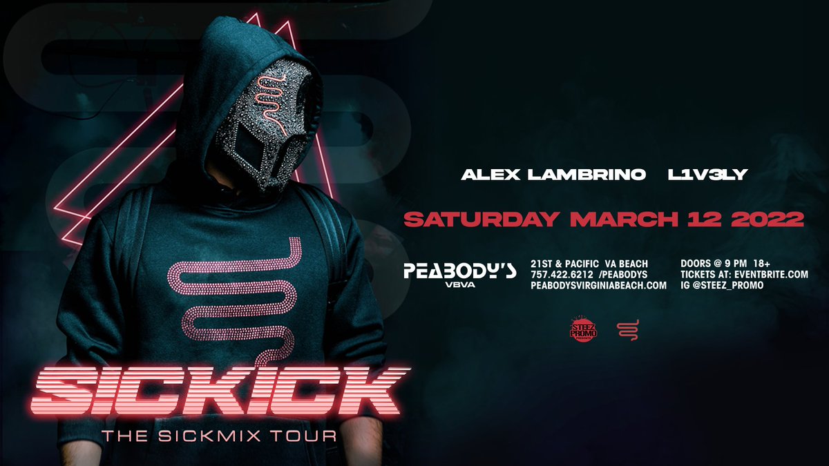 Steez Promo (@steezpromo) on Twitter photo VIRGINIA BEACH🌊 <a href="/peabodysvb/">Peabody's Nightclub</a> hosts @sickickmusic & his 'Sickmix' Tour TONIGHT w/ support from <a href="/djalexlambrino/">ALEX LAMBRINO</a> & @life_of_lively!🎟 LIMITED TICKETS REMAIN!➡️ hive.co/l/sickickvb VIRGINIA BEACH🌊 <a href="/peabodysvb/">Peabody's Nightclub</a> hosts @sickickmusic & his 'Sickmix' Tour TONIGHT w/ support from <a href="/djalexlambrino/">ALEX LAMBRINO</a> & @life_of_lively!🎟 LIMITED TICKETS REMAIN!➡️ hive.co/l/sickickvb