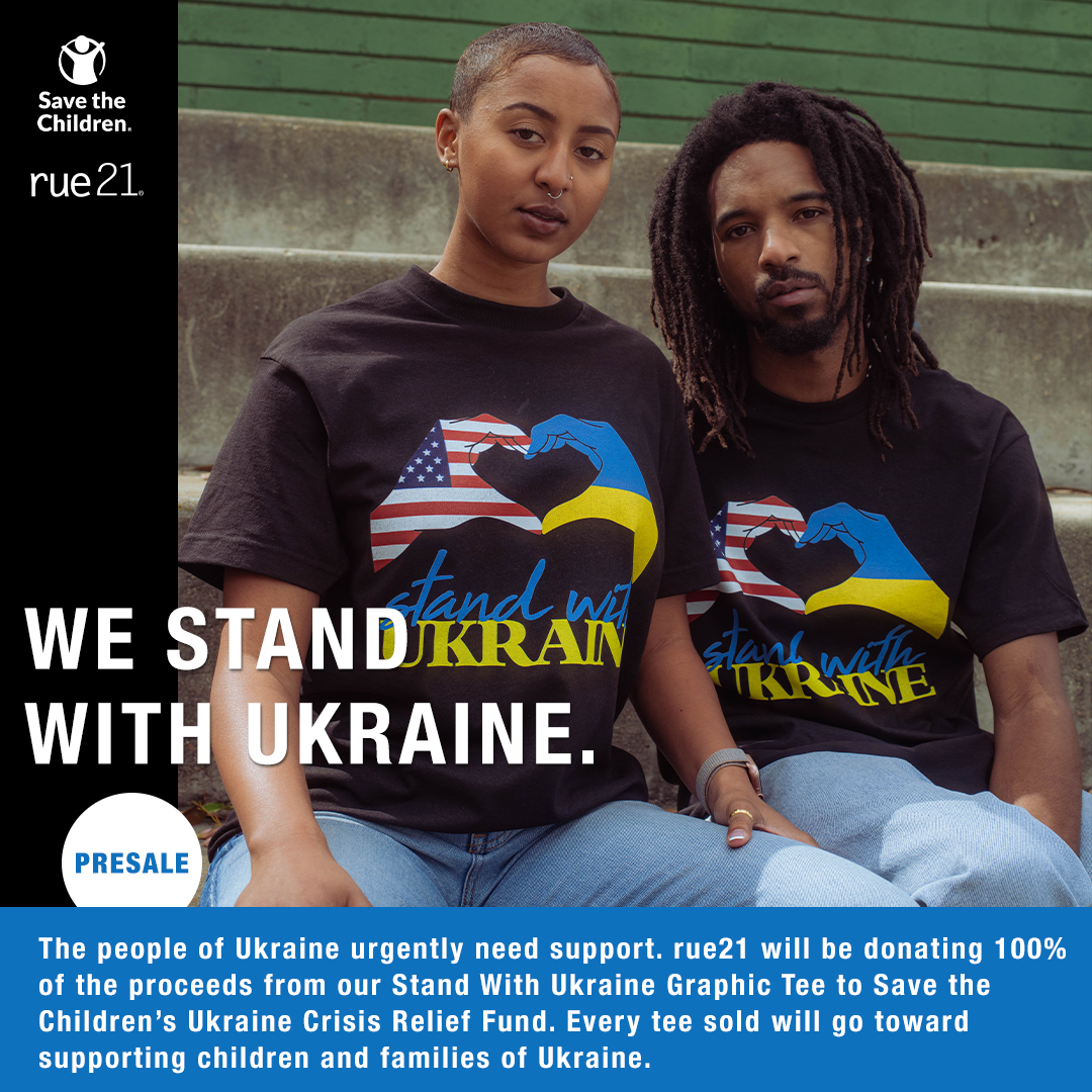 Stand With Ukraine: 100% of proceeds from every tee sold will go toward supporting children and families in Ukraine. 💙💛 Pre-order now.  <a href="/SavetheChildren/">Save the Children US</a> #rue21 #urkaine bit.ly/3pZvRDR