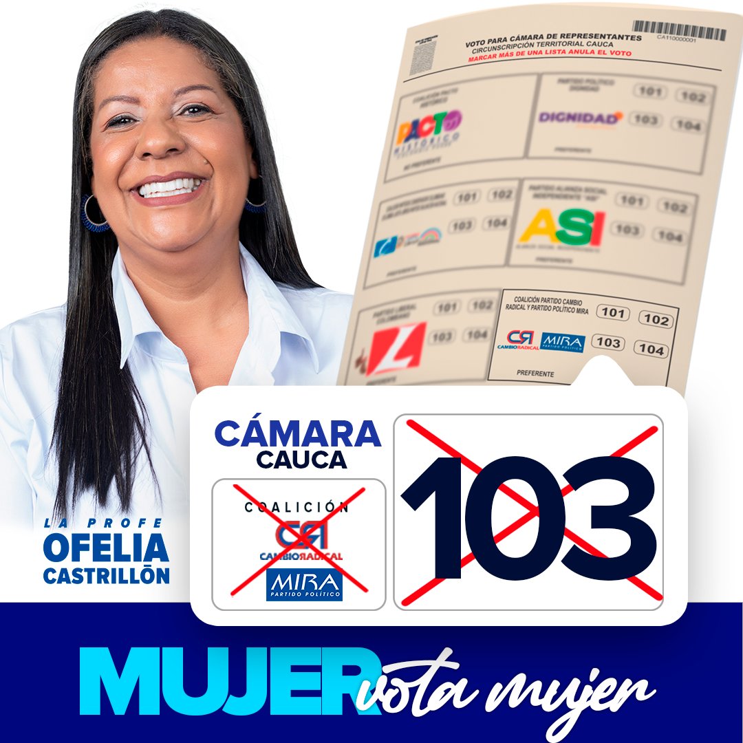 CastriOfelia's tweet photo. #MañanaVoteMIRA Madrugando a votar, pidiendo tres tarjetones y votando por @AydeeLizarazo en la Consulta Presidencial, por @AnaPaolaAgudelo al Senado y a la Cámara por el Cauca con el 103.

¡Podemos llegar al Congreso a marcar la diferencia! A representar nuestro Cauca. https://t.co/NJQ9GXEtHT