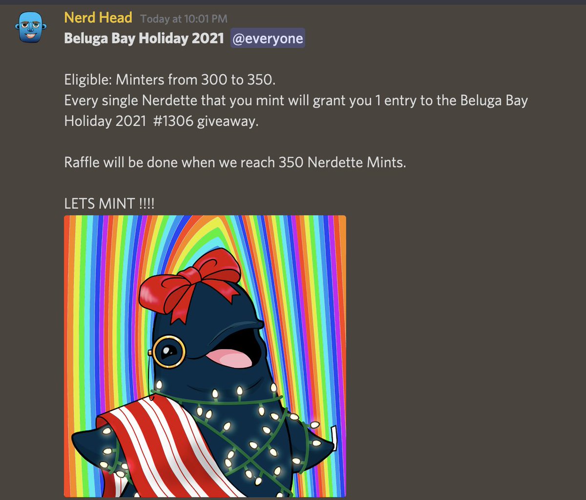 nerdheadclub's tweet photo. 🎁#NFTGiveaway🎁 "@BelugaBayNFT Holiday2021"  #1306 🥳 

Eligible: Nerdette Minters from 300 to 350. 

Every single Nerdette that you mint will grant you 1 entry.
Raffle will be done when we reach 350 Nerdette Mints.
https://t.co/tsKdz4lGrh 
LETS MINT!

#PolygonNFT #NFTCommunity https://t.co/6euEk1avtP