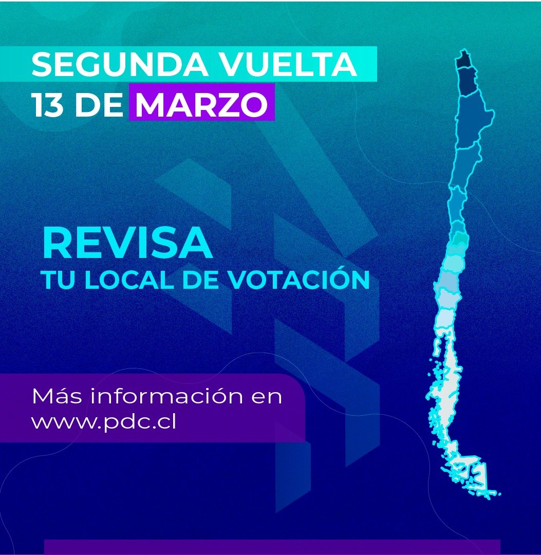 PDC_Chile's tweet photo. SEGUNDA VUELTA 🗳️|

📢 Camaradas informamos locales de votación definitivos para la 2 Vuelta de la elección de Directiva Nacional del @PDC_Chile

🗓️13 MARZO / 09:00 a 18:00 hrs.
EN TODO 🇨🇱

➡️https://t.co/qX03GU1v3Y

#SomosLaDC https://t.co/UJWn4fB9un