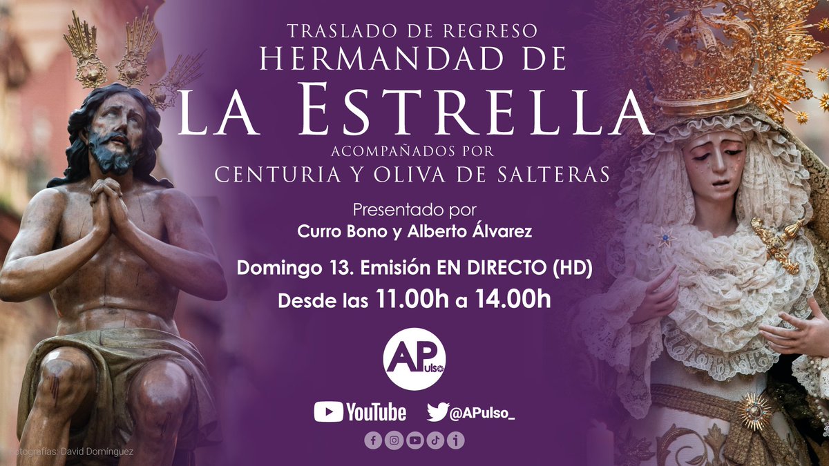 🔴 Mañana, a partir de las 11.00h, sigue en directo el traslado de regreso de la <a href="/hdadlaestrella/">La Estrella</a> a su capilla, de la mano de A Pulso.

🎶 <a href="/BandaCenturia/">Banda Centuria Macarena</a>, <a href="/OlivaSalteras/">La Oliva de Salteras</a>.

🎙️ <a href="/BonoBorrero/">Curro Bono</a>, <a href="/albalvcam/">Alberto Álvarez (Desuso)</a>, colaboradores e invitados.

📽️ youtu.be/zPQQJHrBJtY.