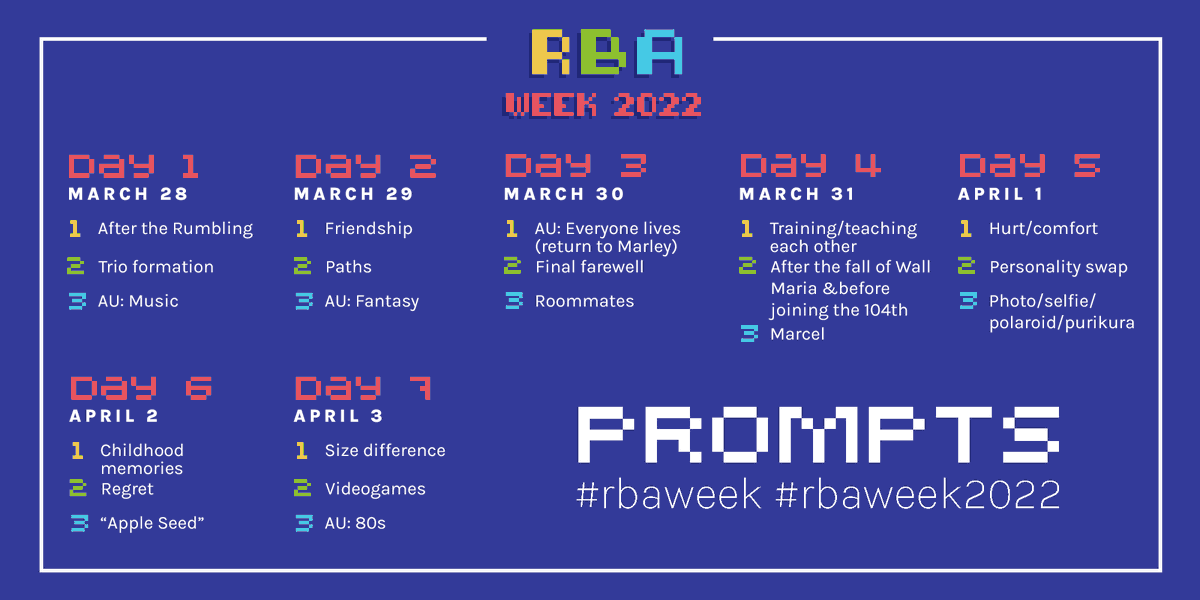 RBAweek's tweet photo. Guys... the last calendar also had a mistake on day 4 😳 👉👈
THIS is the good one! The final one! The official prompt list! I will also upload the individual days below. https://t.co/L22pTUg82W