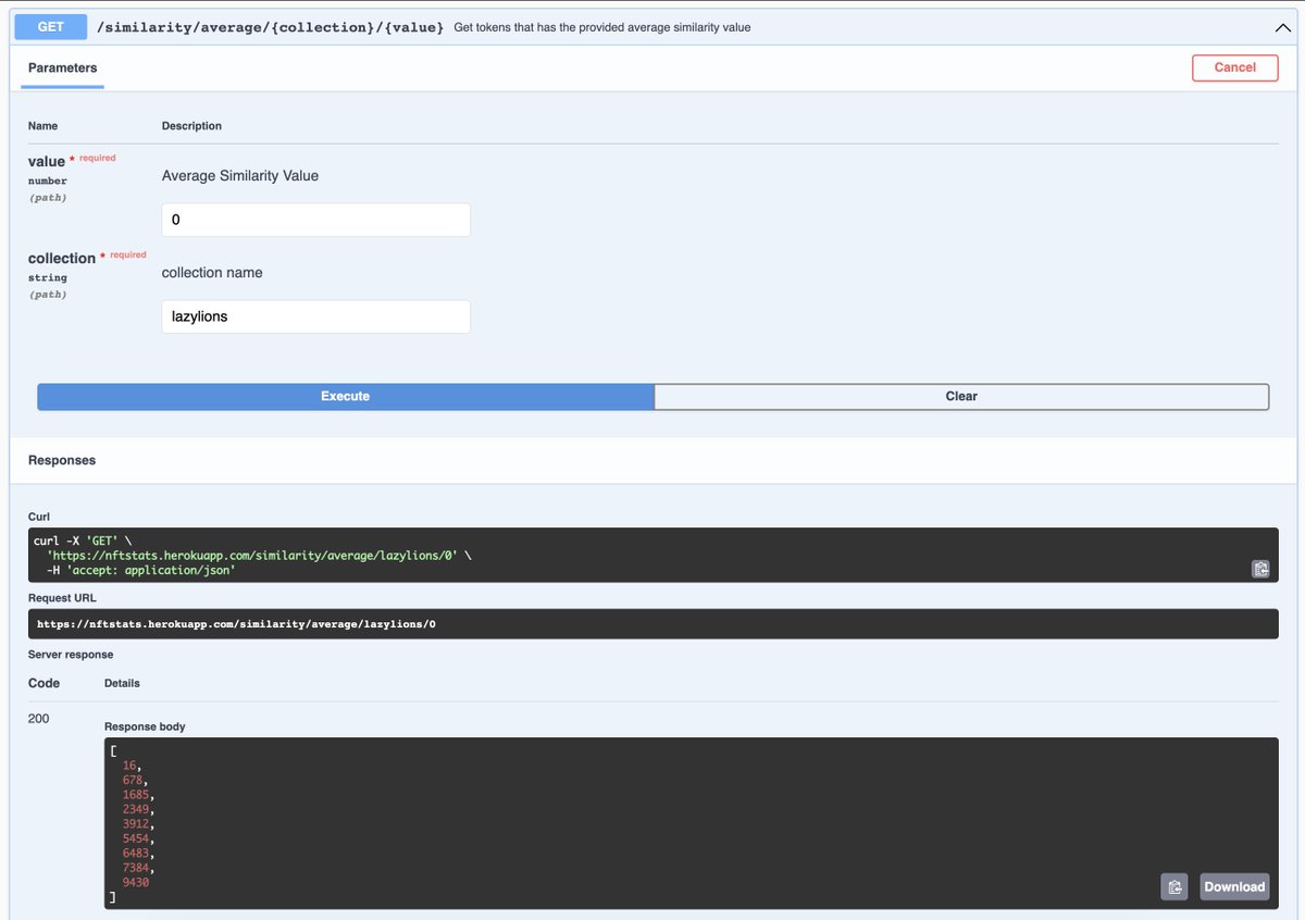 Nftstatsly's tweet photo. New endpoint @Nftstatsly APIs, enables get list of tokens that has certain average similarity value, 
for example query @LazyLionsNFT for all tokens with 0 avg similarity, these are the super rare tokens that share no single attribute with any other token
#NFTs #Rarity #rarible https://t.co/vUJbI1xoI9