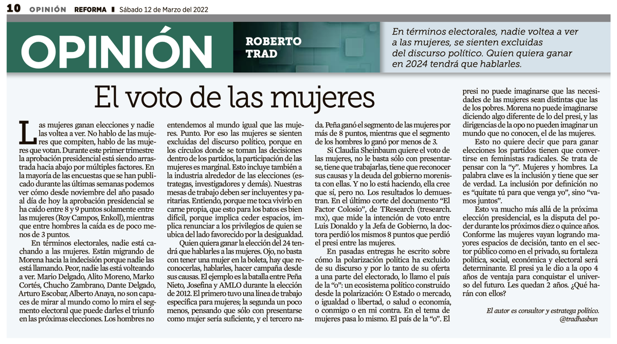 politologoTrad's tweet photo. LAS MUJERES GANAN LAS ELECCIONES ¿POR QUÉ NADIE LAS PELA? EN LA CARRERA POR LAS MUJERES EL PRESI YA LE DIO 4 AÑOS DE VENTAJA A LA OPO... Te invito a que leas mi artículo de hoy publicado en Reforma. https://t.co/wBWx9DJU95 https://t.co/QHXJKCDrW4