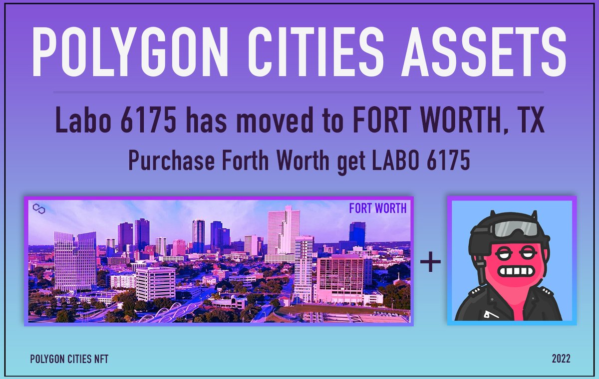 FCG_Studio's tweet photo. ((( @PolygonCities UPDATE )))
...
Introducing Polygon Cities Assets!
@labo_nft has moved to Fort Worth , TX. Get the #PolygonCities Forth Worth banner get LABO!
.
Starting now each upcoming city will have additional #polygonNFTs that will be airdropped for free to the first owner https://t.co/AFVrwb32M5