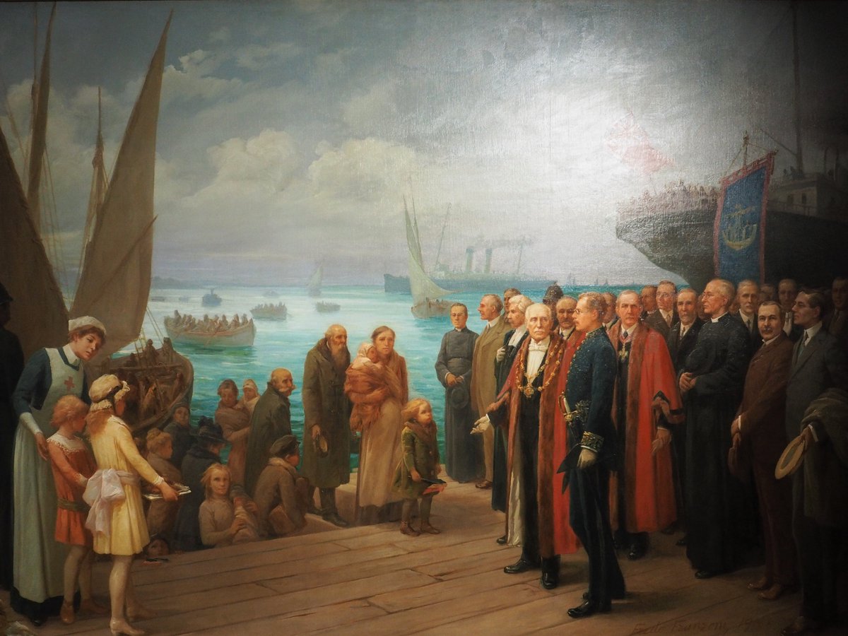 "The past is a foreign country; they do things differently there."
The Folkestone Museum, has this huge painting, "Landing of the Belgian Refugees" (1915) by Fredo Franzoni (himself a refugee.) The Mayor of Folkestone and Albert, King of the Belgians, welcome them to Britain.
