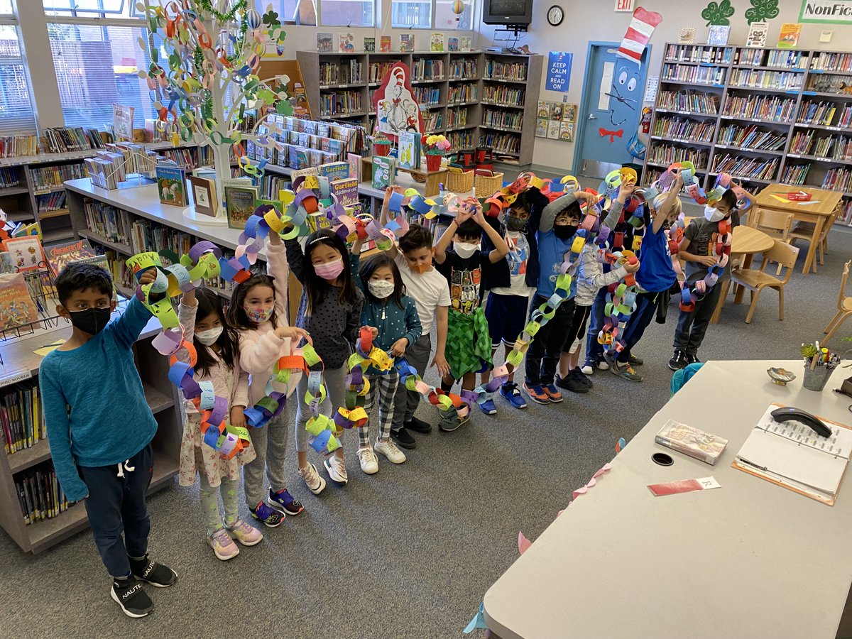 HeatherSCSD's tweet photo. In celebration of Ability Awareness week, our library hosted a unique community art piece.  Students, teachers, staff, and volunteers designed links w/ their name, making a beautiful chain of what we can do together, which proudly hangs in the library showing our Heather family https://t.co/atTVtvGkCF