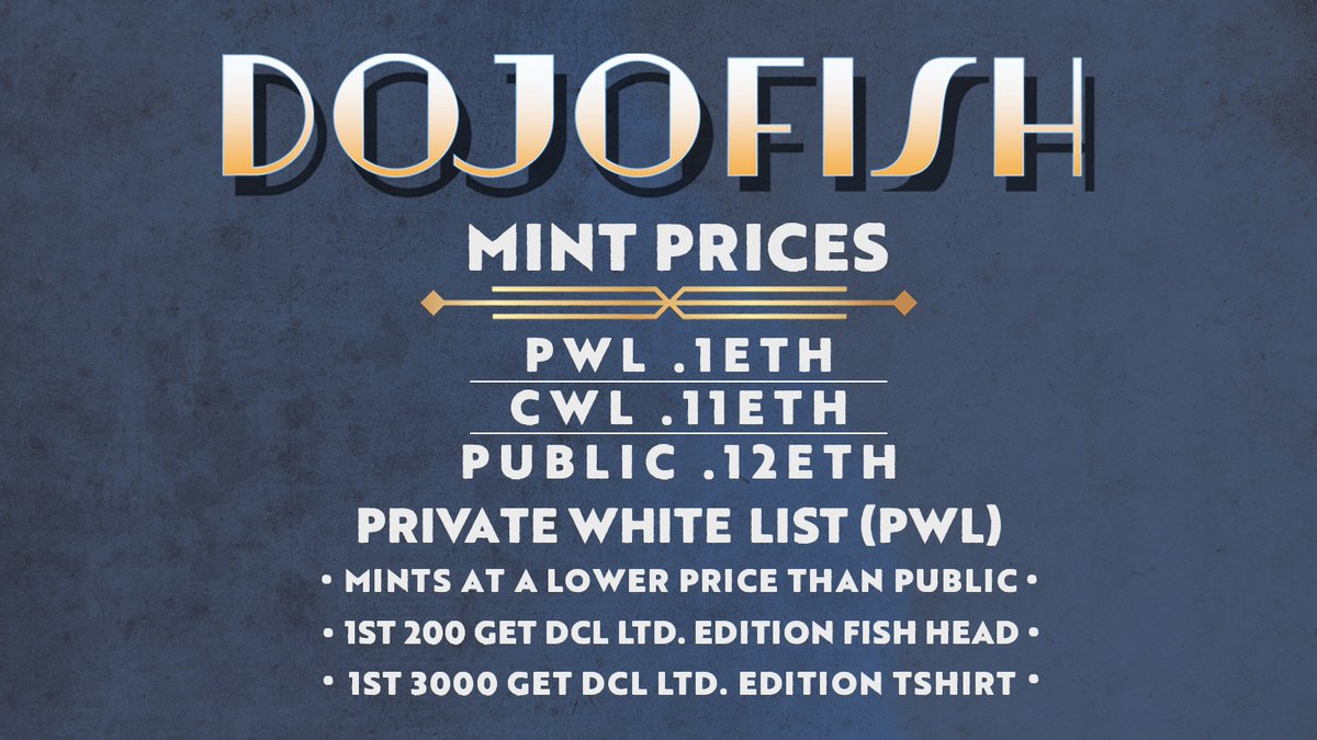We are ONE DAY away from minting!! 

See the information below, including AWESOME perks for our private whitelist!!

discord.gg/dojofish
#NFTCommunity