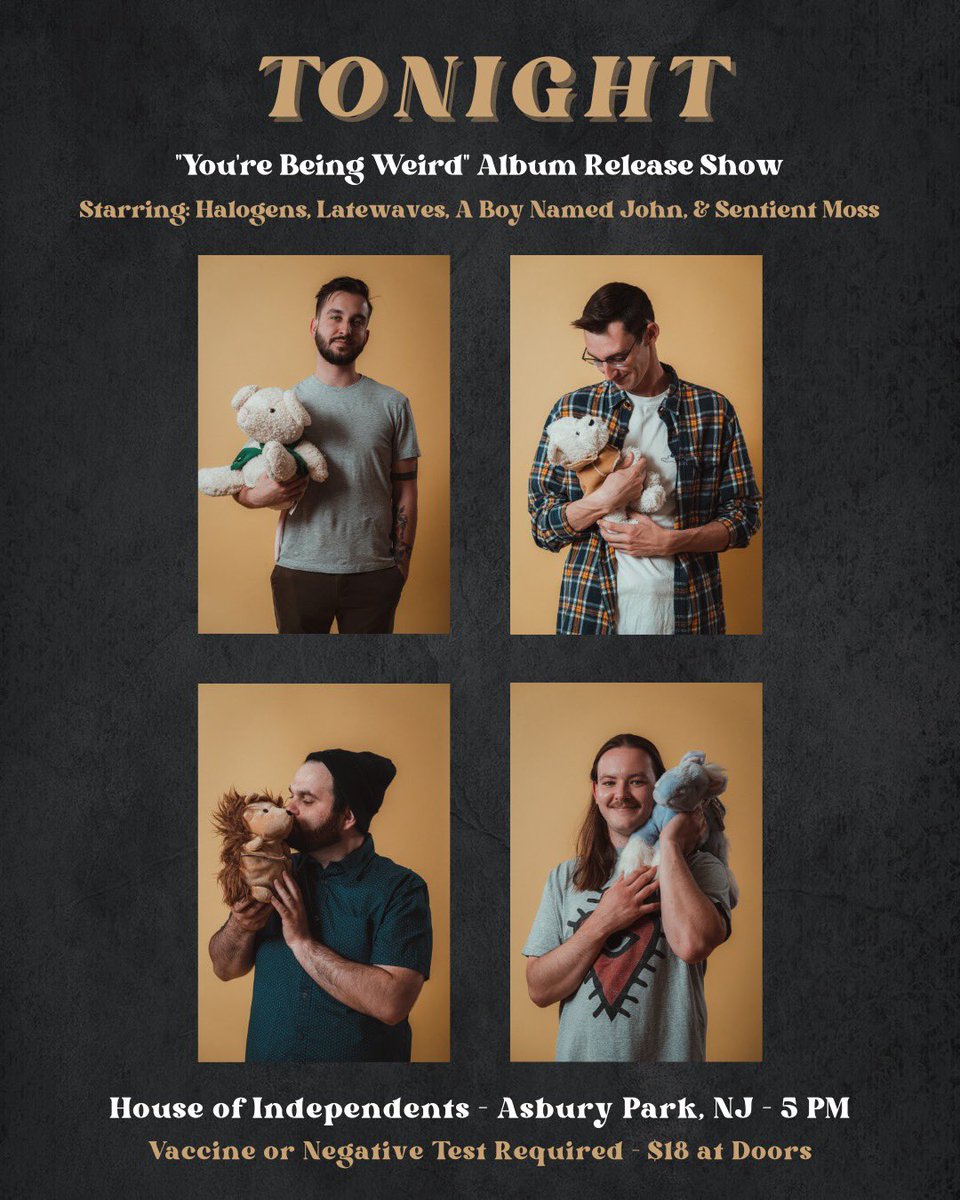 Tonight’s the night y’all! Sure is raining cats &amp; dogs out there huh? Weather is supposed to let up right around doors so pls allow extra travel time &amp; drive safe! Doors at 5 PM, come early for <a href="/sentient_moss/">Sentient Moss</a> <a href="/abnjband/">𝐴 𝐵𝑂𝑌 𝑁𝐴𝑀𝐸𝐷 𝐽𝑂𝐻𝑁 🕯</a> &amp; <a href="/latewaves/">latewaves</a>! Can’t wait to celebrate at <a href="/HOIAsburyPark/">House of Independents</a> 🥳