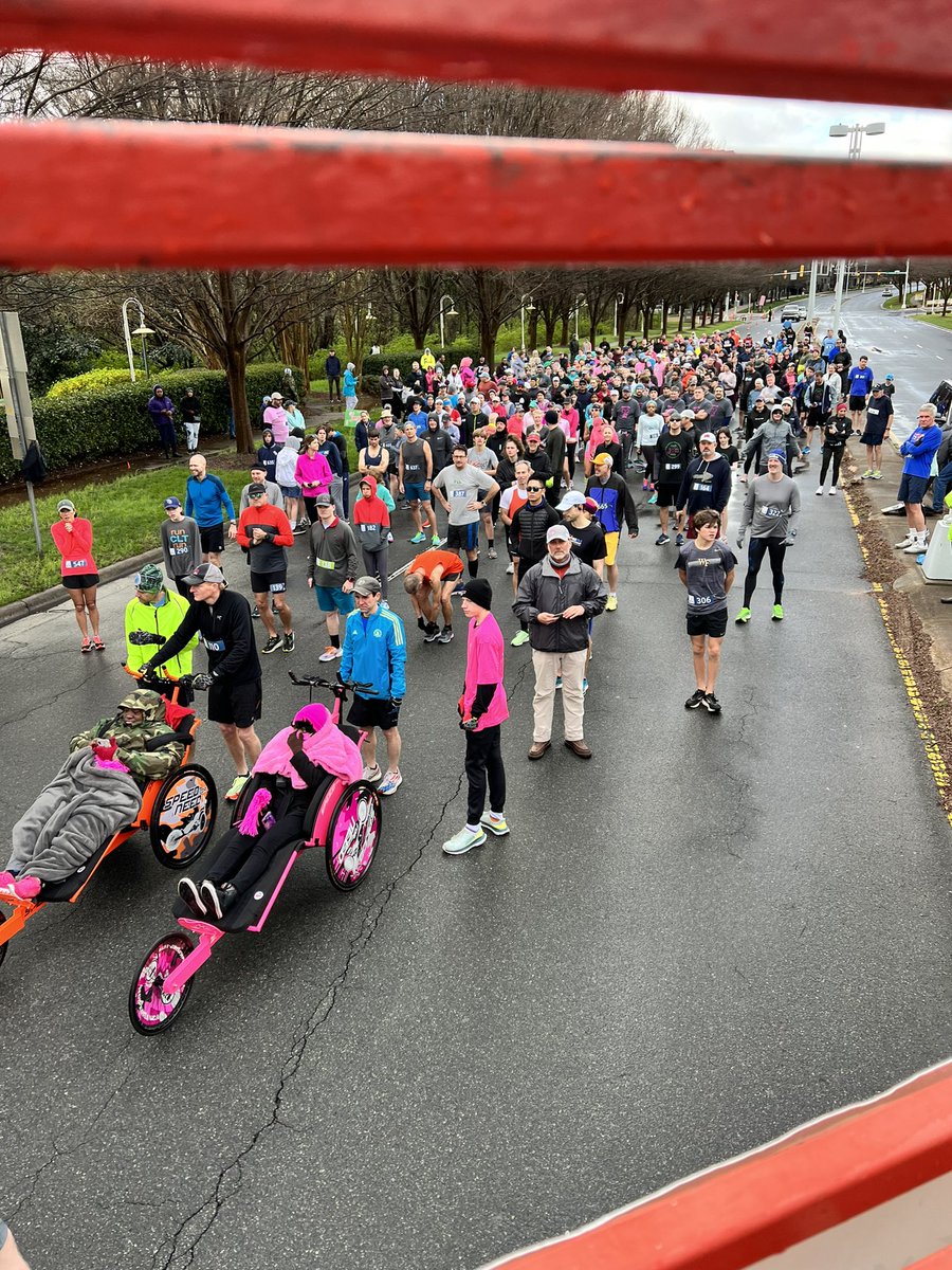 MollyGrantham's tweet photo. Remarkably special. @F3SPEEDFORNEED showed up to push two breast cancer fighters in chariots. Karen (camp shirt) fighting since 2017. Melissa diagnosed last September, and has one treatment left. @GoJenGoTweets @WBTV_News #RunJenRun5k https://t.co/uyYw808hrz