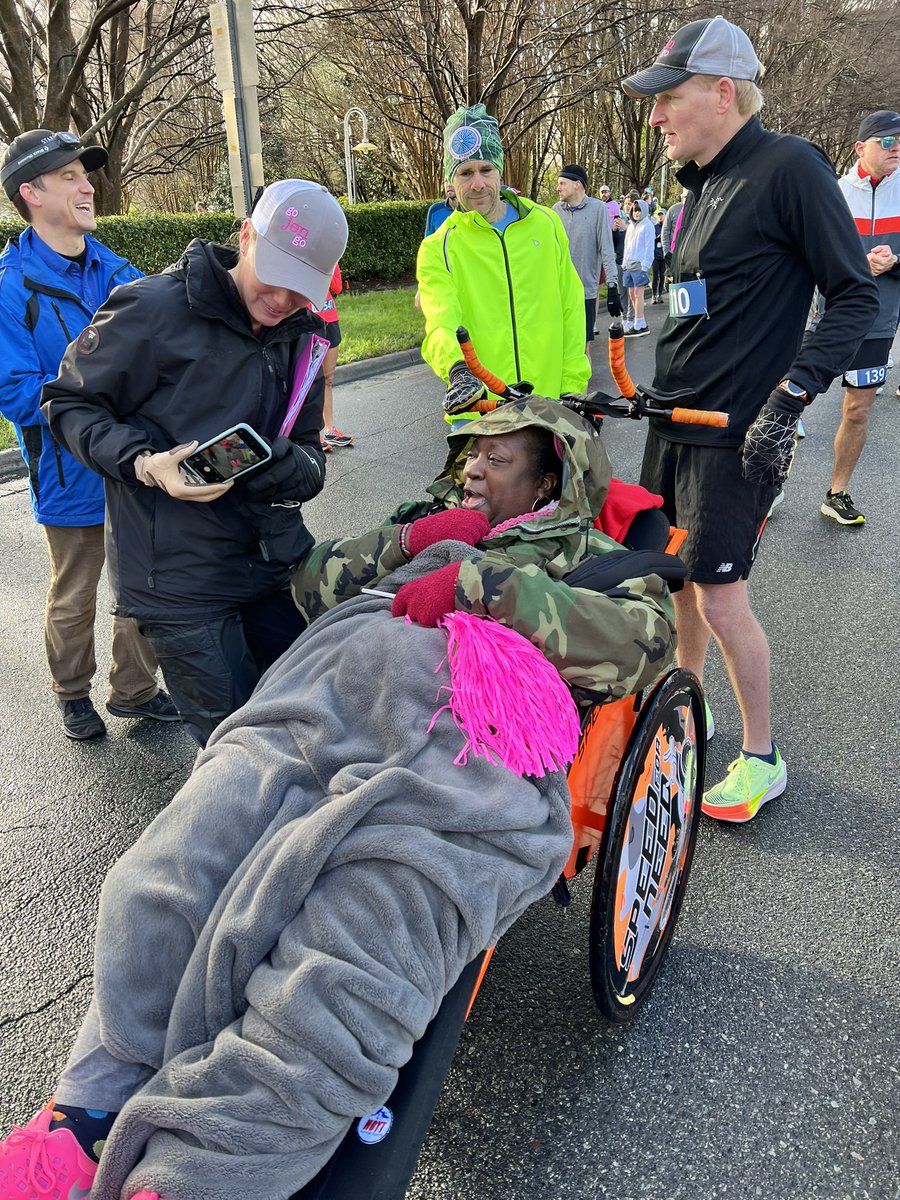 MollyGrantham's tweet photo. Remarkably special. @F3SPEEDFORNEED showed up to push two breast cancer fighters in chariots. Karen (camp shirt) fighting since 2017. Melissa diagnosed last September, and has one treatment left. @GoJenGoTweets @WBTV_News #RunJenRun5k https://t.co/uyYw808hrz