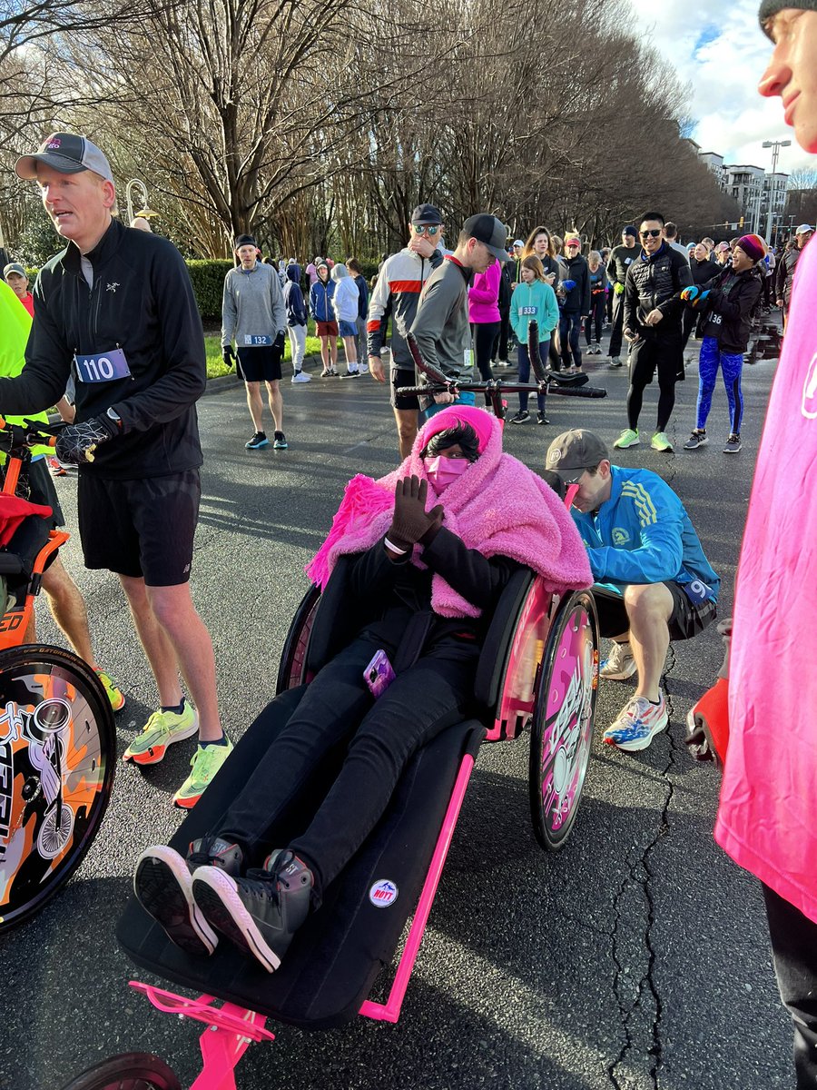 MollyGrantham's tweet photo. Remarkably special. @F3SPEEDFORNEED showed up to push two breast cancer fighters in chariots. Karen (camp shirt) fighting since 2017. Melissa diagnosed last September, and has one treatment left. @GoJenGoTweets @WBTV_News #RunJenRun5k https://t.co/uyYw808hrz