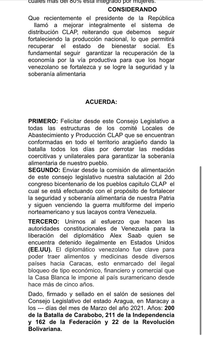 indhriana's tweet photo. Hoy, al cumplirse 1 año más de la creación del #ClapEnVictoria por nuestro Presidente @NicolasMaduro como mecanismo para combatir el bloqueo a 🇻🇪, quiero agradecer a los y las Dip. del @AraguaCleba por promulgar un acuerdo en el que se unen a la lucha por la #LibertadParaSaabYA https://t.co/g17cSjdvkj