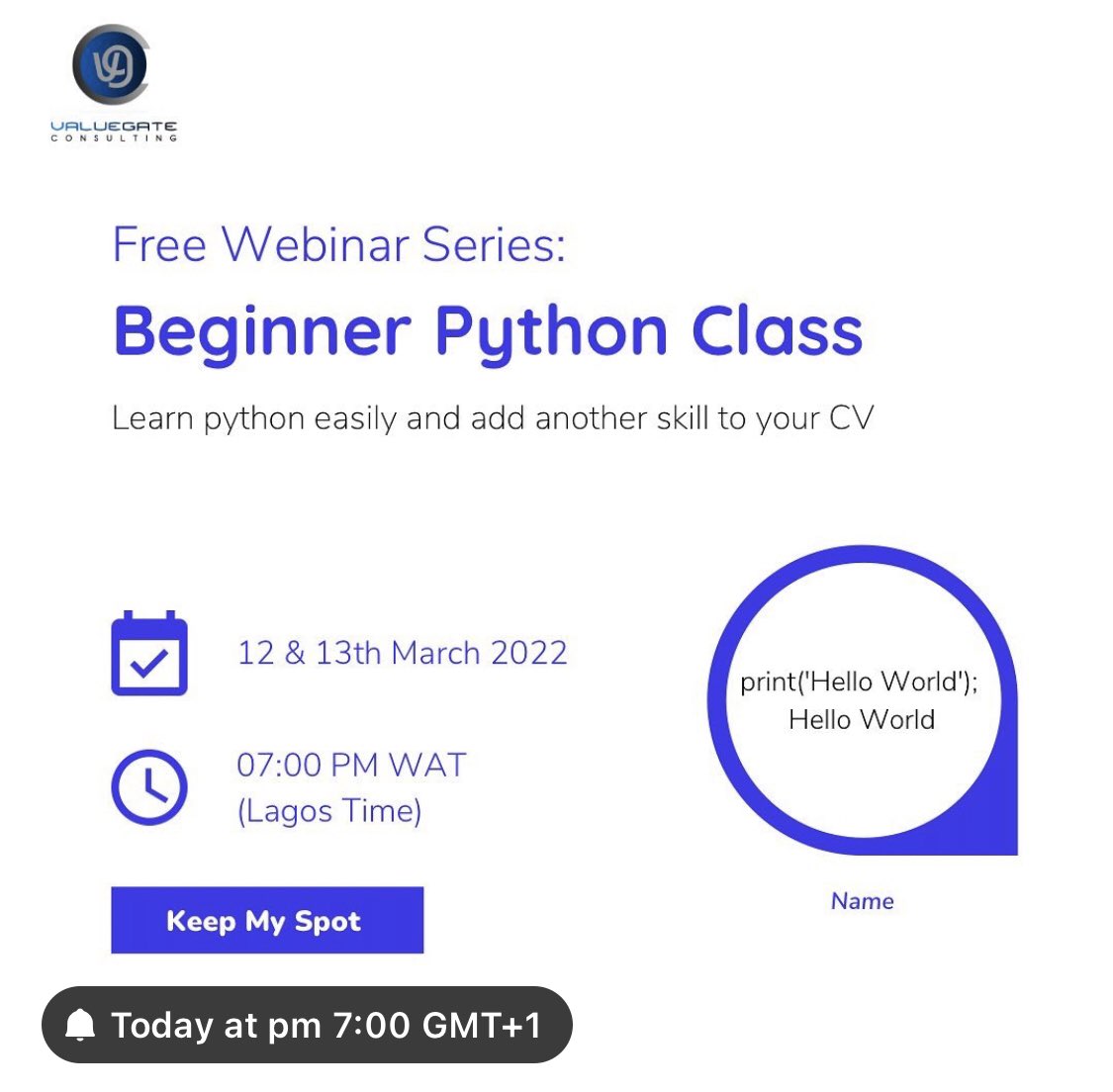 Value_Gate's tweet photo. ValueGate Consulting is inviting you to join a webinar (Python for Beginners) on Google Meet.  
‼️Today‼️
Time: Mar 12., Sat, 7:00 − PM 8:00  Join the meeting: https://t.co/hc5PwEfER8 https://t.co/zCRZ5vwuB3