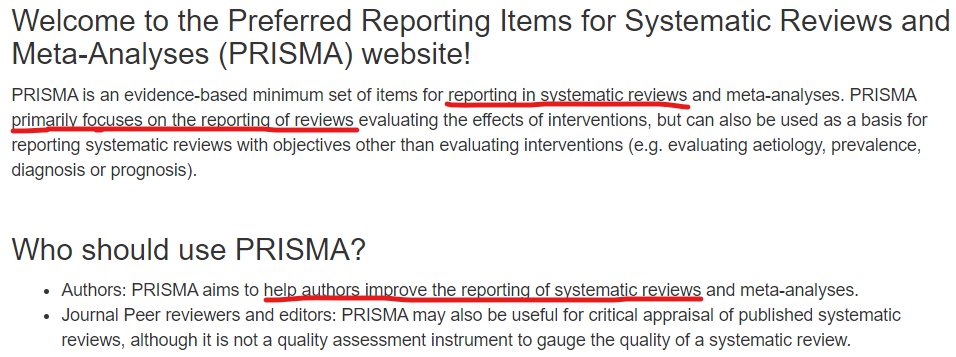 Tips based on some recent #peer review of #systematic review:

1) PRISMA is a reporting guideline. It tells you what things you need to mention in your report. It doesn't tell you how to do the review, deal with any difficult issues etc.

#surgicalresearch