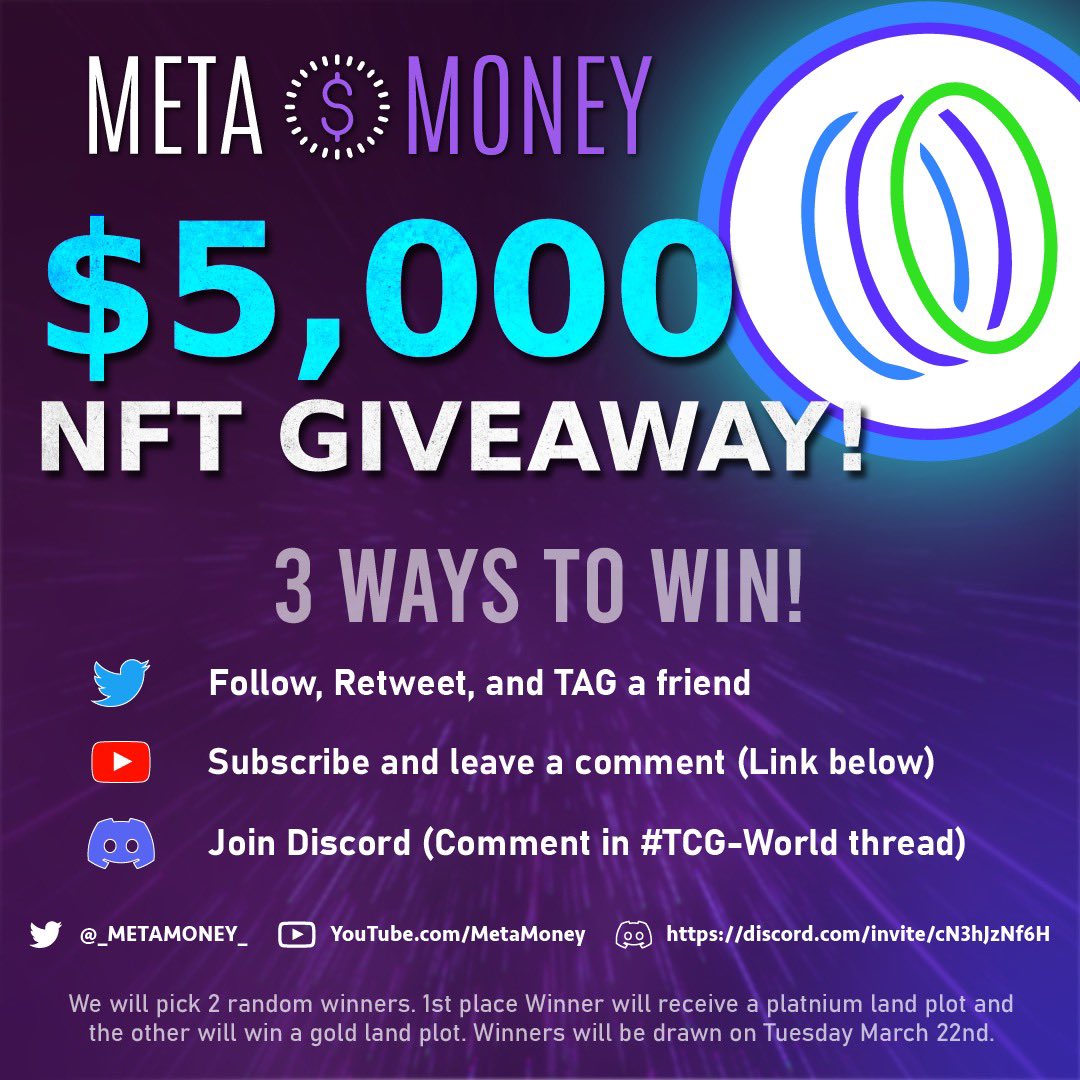 We are giving away 13 BNB worth of NFT land plots in TCG World 

One Platinum plot
One Gold plot

Link to discord:

discord.gg/FCJZTvj3

YouTube link below
youtu.be/MxJZWZa9oWk
.
#meta #metaverse #nftland