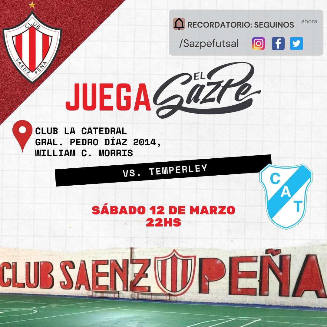 SazpeFutsal's tweet photo. JUEGA EL SAZPE 🇦🇹❤

TORNEO INTEGRACION A PRIMERA DIVISION "D" DE FUTSAL AFA 2022

🗓 SÁBADO 12 DE MARZO
💪 Saenz Peña vs Temperley
⏰ 22 hs
📍Pedro Díaz 2014, William Morris - Club La Catedral

Los esperamos para seguir acompañando a nuestros jugadores en un nuevo desafío! https://t.co/rdhYumQdLR
